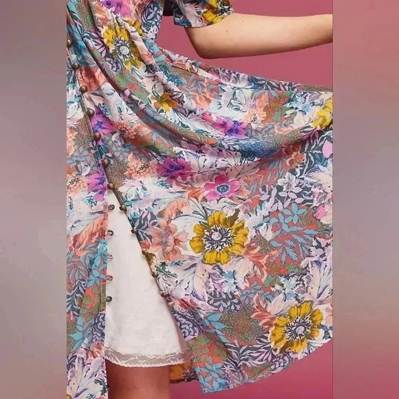 Anthropologie Akemi+Kin Valencia Sheer Multicolor Floral Boho Ruched Sleeves XS - Picture 5 of 16